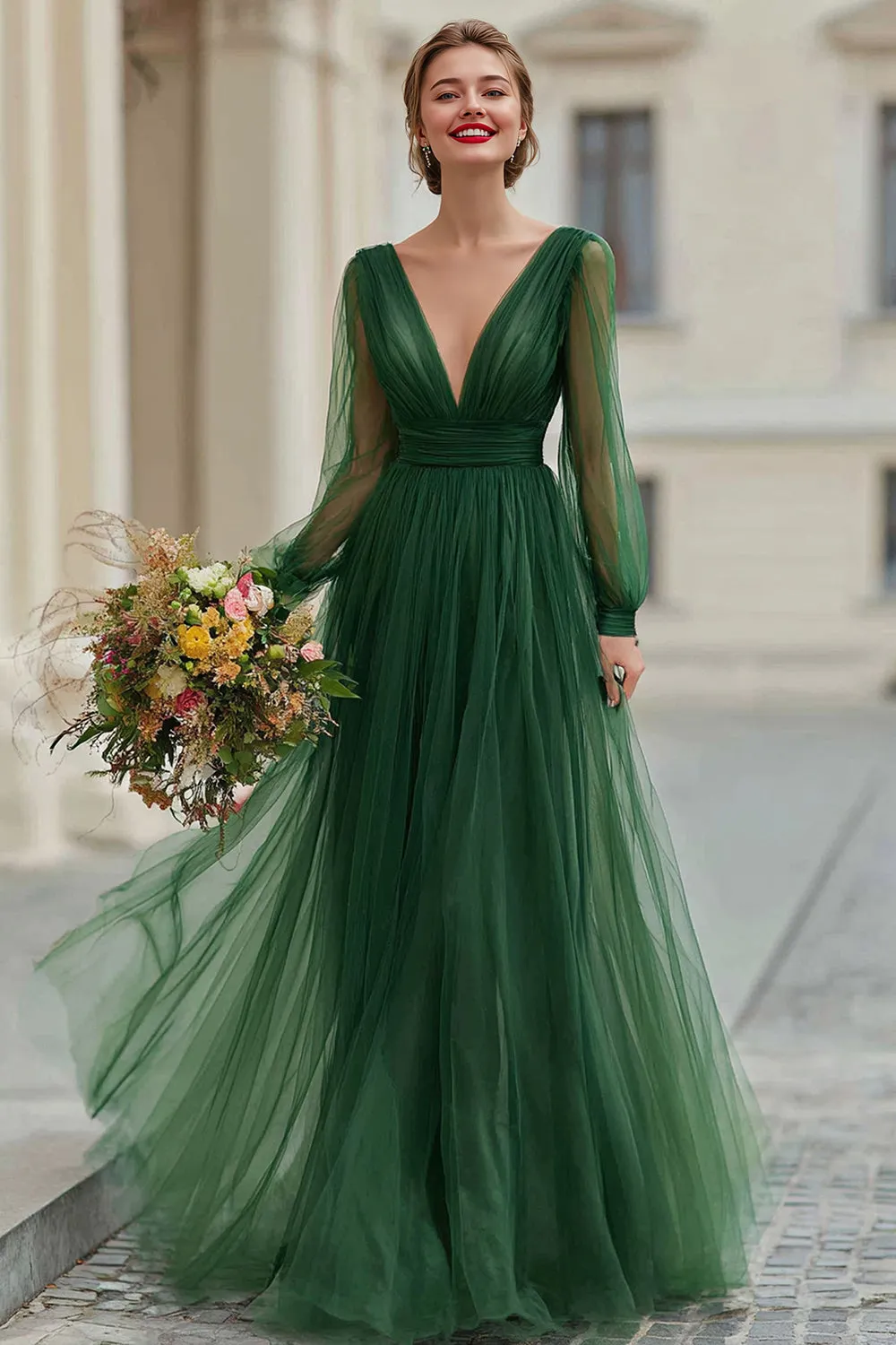 Dark Green Tulle A Line Pleated Long Sleeves Bridesmaid Dress sold by Zapaka