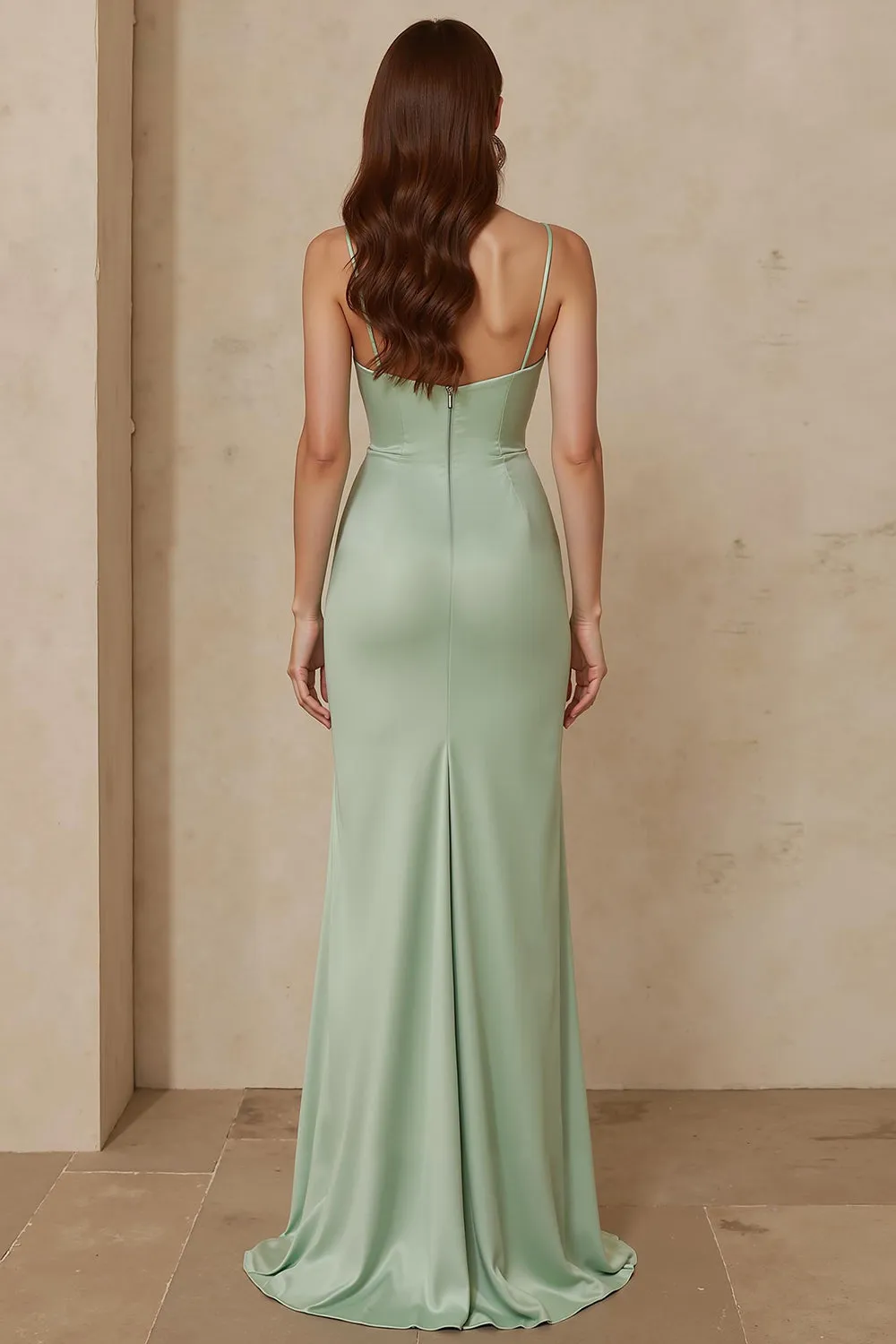 Dusty Sage Satin Sheath Spaghetti Straps Long Bridesmaid Dress with Slit sold by Zapaka product image thumbnail 2