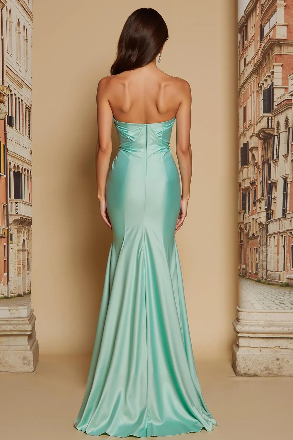 Mint Green Satin Mermaid Sweetheart Ruched Long Bridesmaid Dress with Slit sold by Zapaka product image thumbnail 2