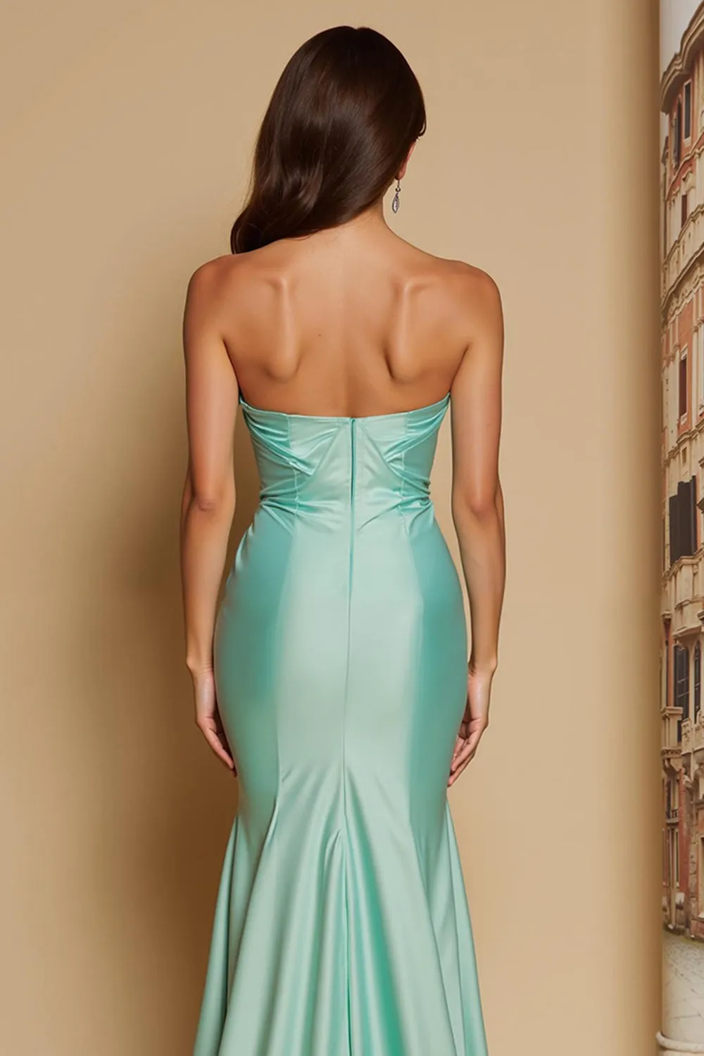 Mint Green Satin Mermaid Sweetheart Ruched Long Bridesmaid Dress with Slit sold by Zapaka product image thumbnail 4