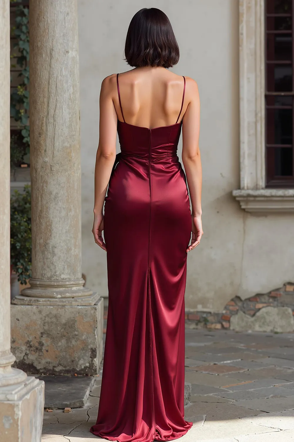 Burgundy Sheath Satin Ruched Spaghetti Straps Long Bridesmaid Dress with Slit sold by Zapaka product image thumbnail 2
