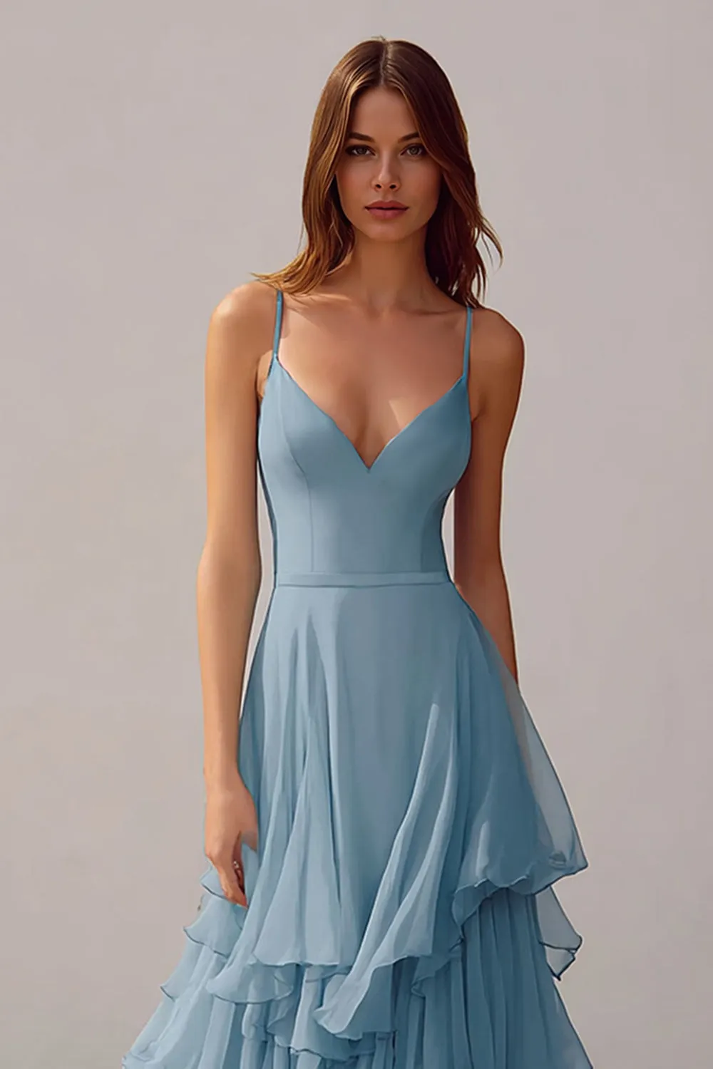 Dusty Blue A Line Chiffon Spaghetti Straps Long Bridesmaid Dress with Ruffles sold by Zapaka product image thumbnail 3