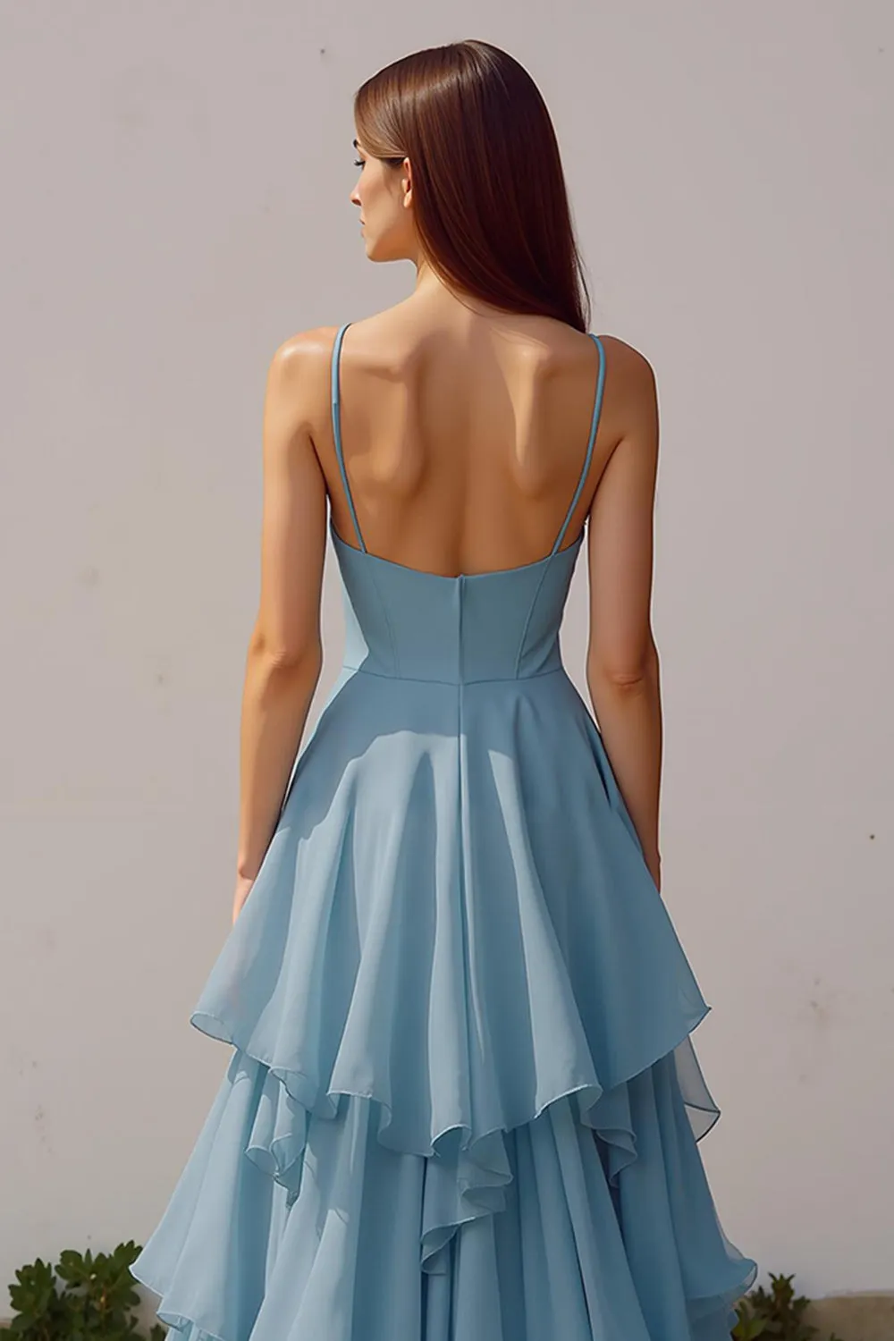 Dusty Blue A Line Chiffon Spaghetti Straps Long Bridesmaid Dress with Ruffles sold by Zapaka product image thumbnail 4