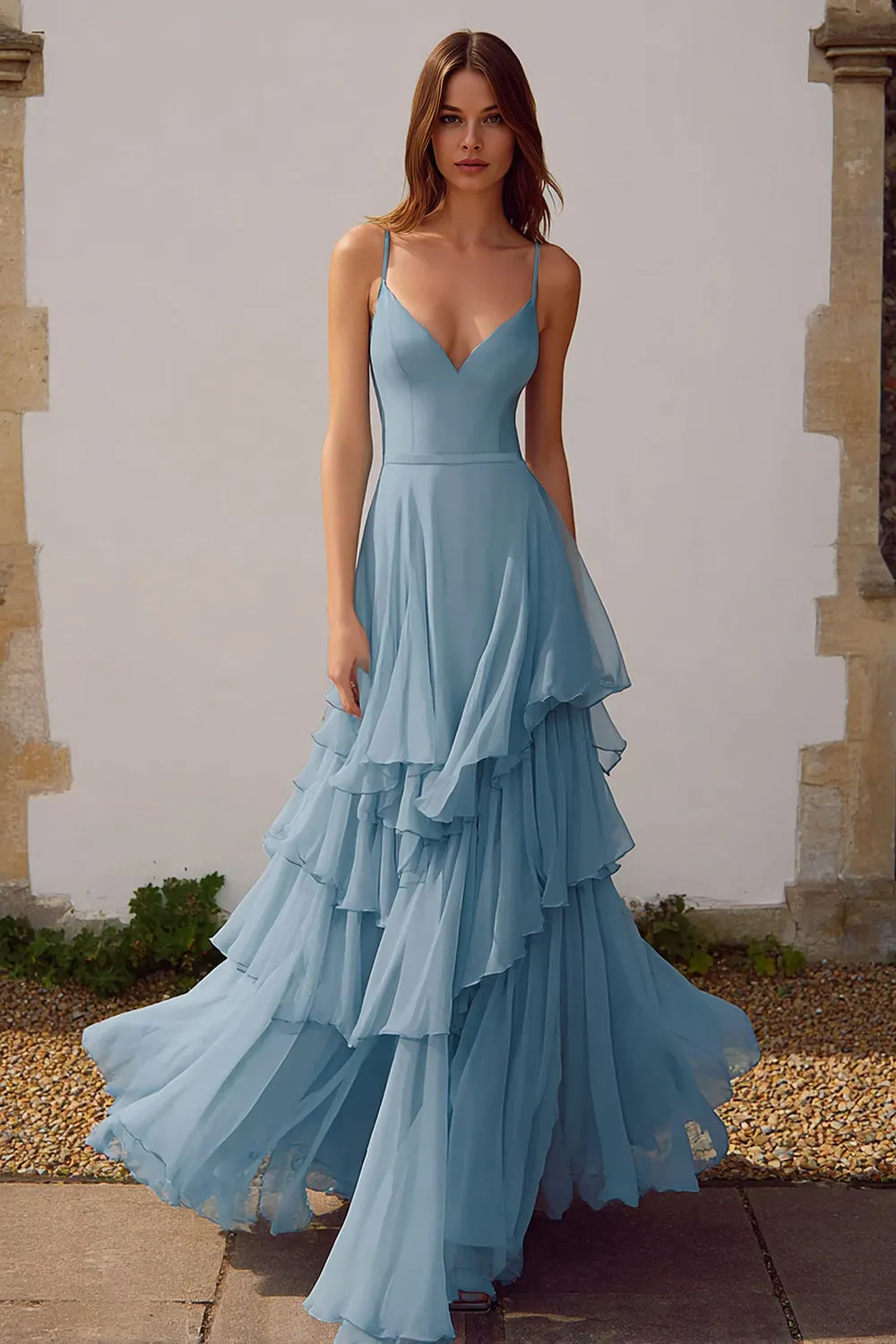 Dusty Blue A Line Chiffon Spaghetti Straps Long Bridesmaid Dress with Ruffles sold by Zapaka