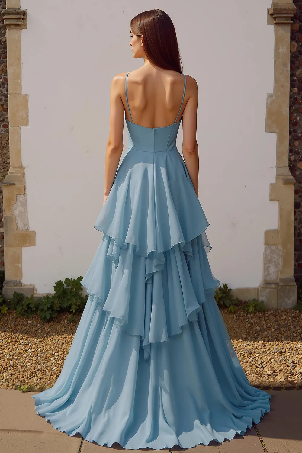 Dusty Blue A Line Chiffon Spaghetti Straps Long Bridesmaid Dress with Ruffles sold by Zapaka product image thumbnail 2