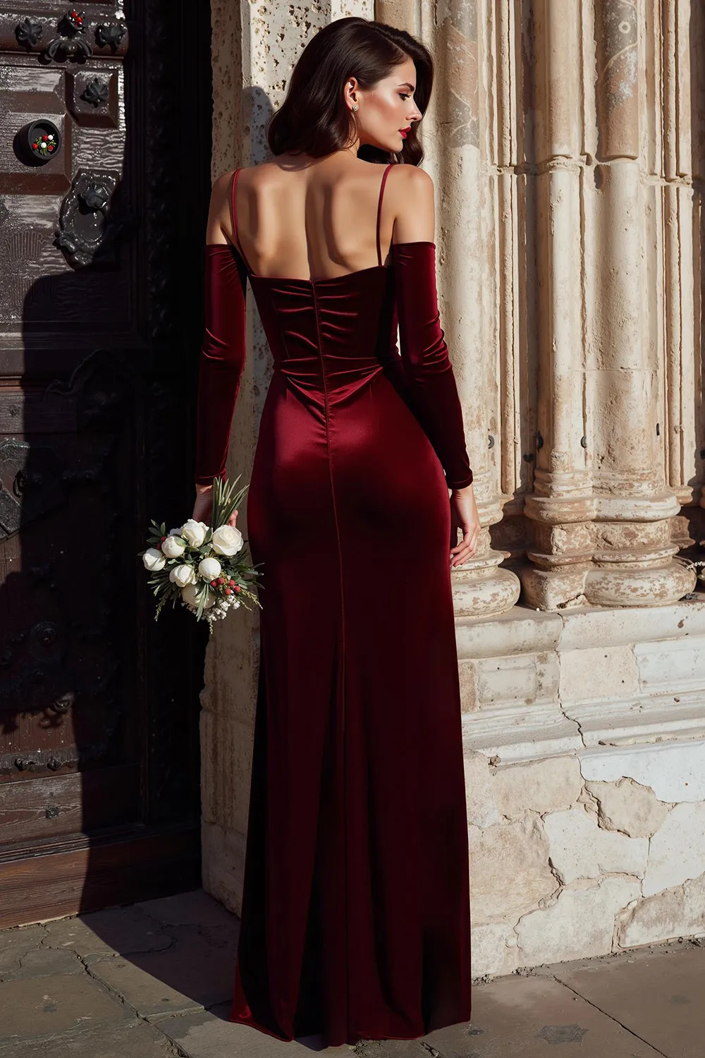 Burgundy Velvet Cold Shoulder Sheath Long Sleeves Bridesmaid Dress with Slit sold by Zapaka product image thumbnail 2