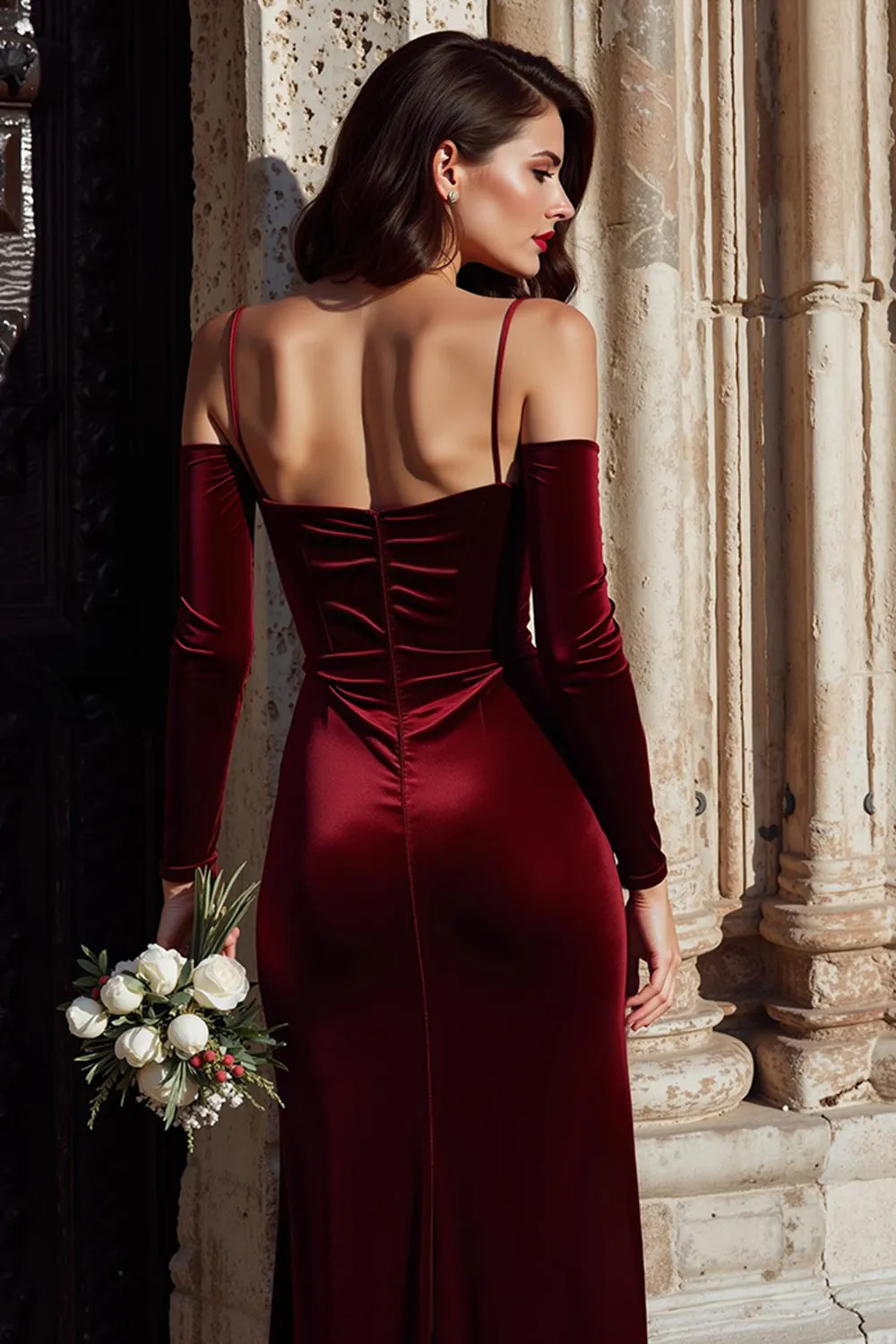 Burgundy Velvet Cold Shoulder Sheath Long Sleeves Bridesmaid Dress with Slit sold by Zapaka product image thumbnail 4