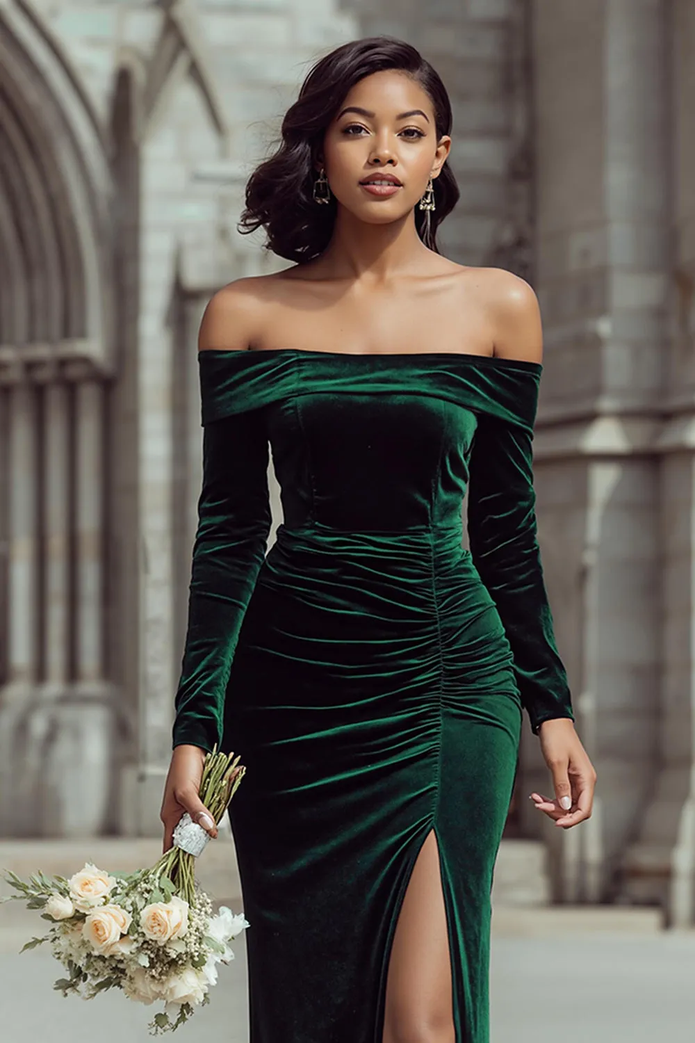 Pine Velvet Off The Shoulder Sheath Long Bridesmaid Dress with Sleeves sold by Zapaka product image thumbnail 3