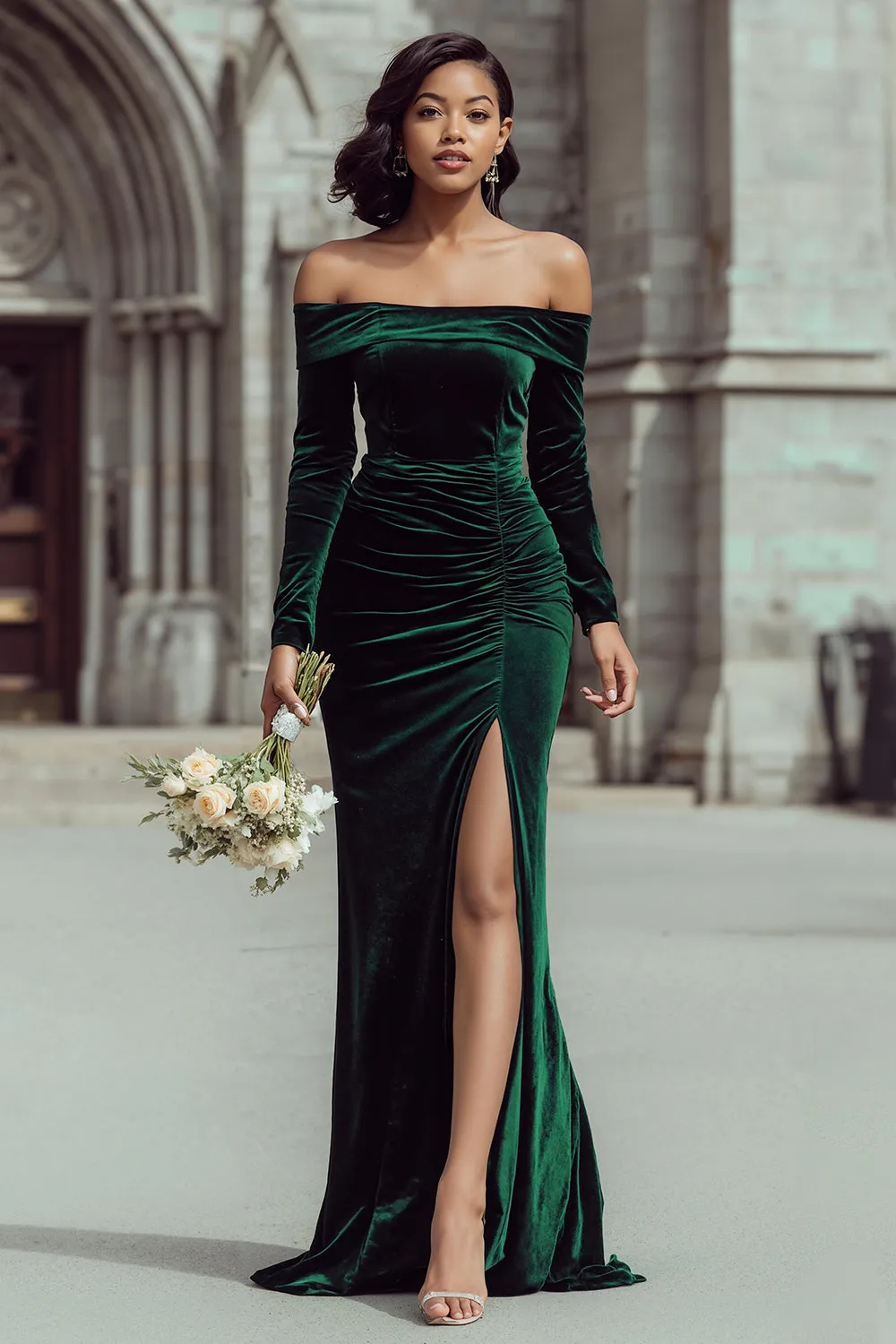 Pine Velvet Off The Shoulder Sheath Long Bridesmaid Dress with Sleeves sold by Zapaka
