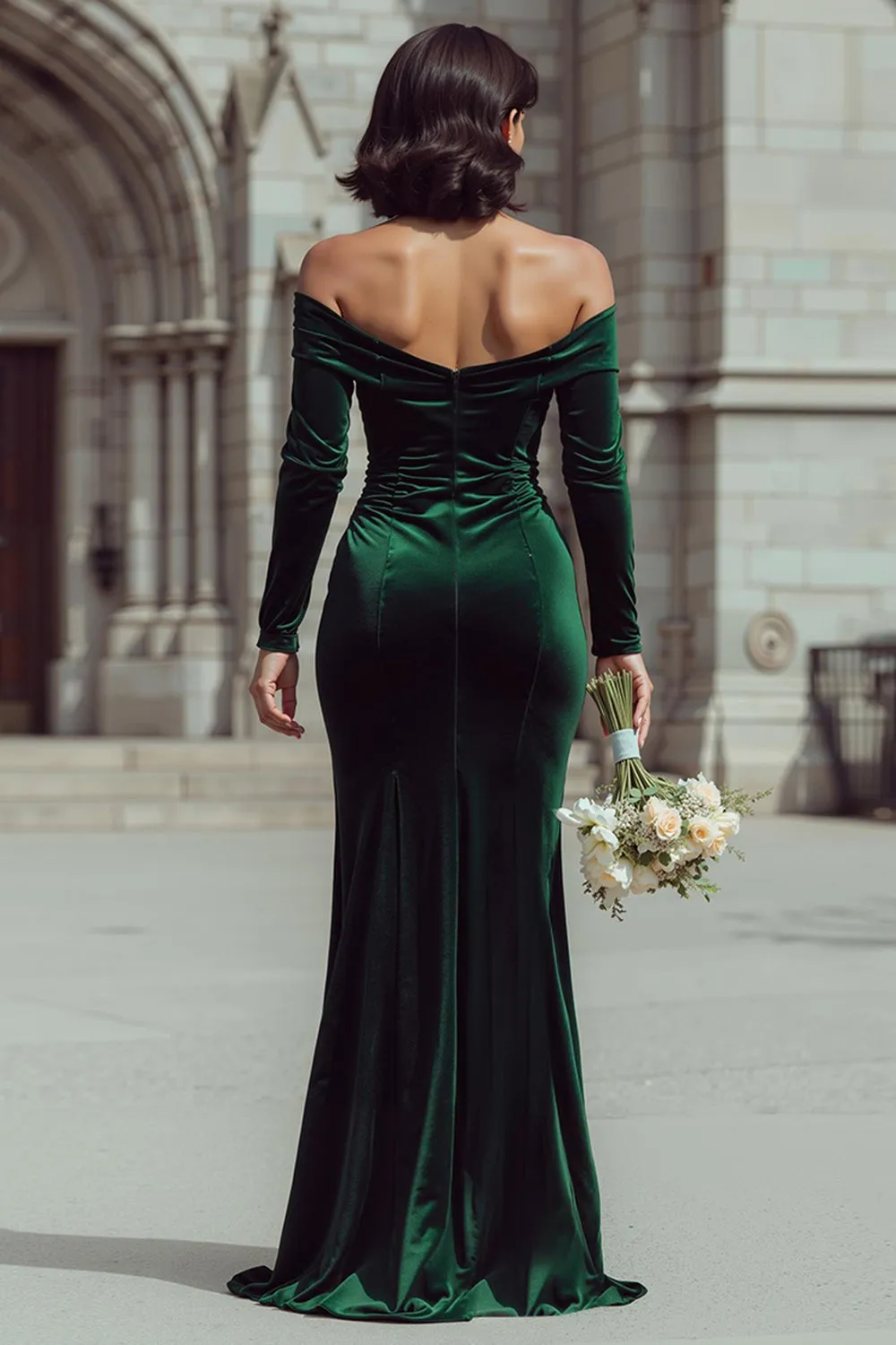 Pine Velvet Off The Shoulder Sheath Long Bridesmaid Dress with Sleeves sold by Zapaka product image thumbnail 2