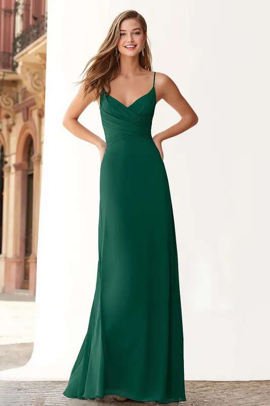 Dark Green Sheath Chiffon Spaghetti Straps Long Bridesmaid Dress sold by Zapaka