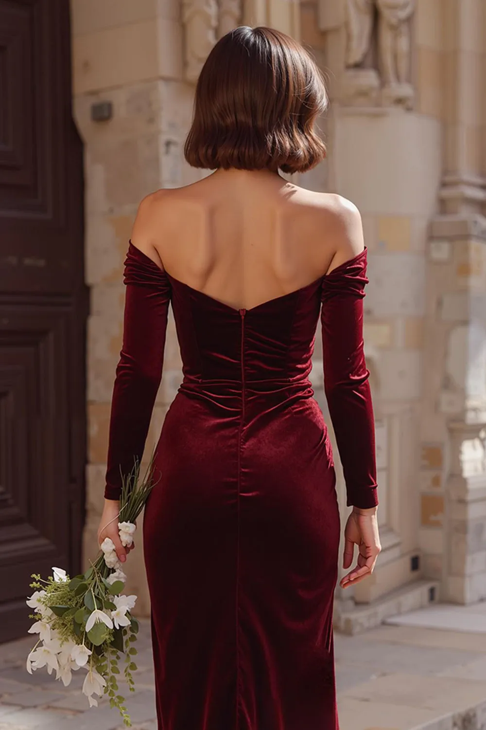 Burgundy Sheath Off the Shoulder Long Bridesmaid Dress with Slit sold by Zapaka product image thumbnail 4