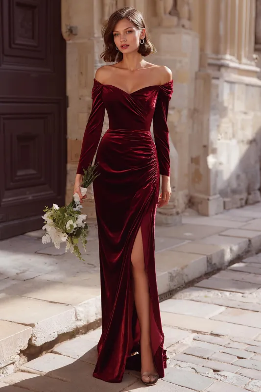 Burgundy Sheath Off the Shoulder Long Bridesmaid Dress with Slit sold by Zapaka