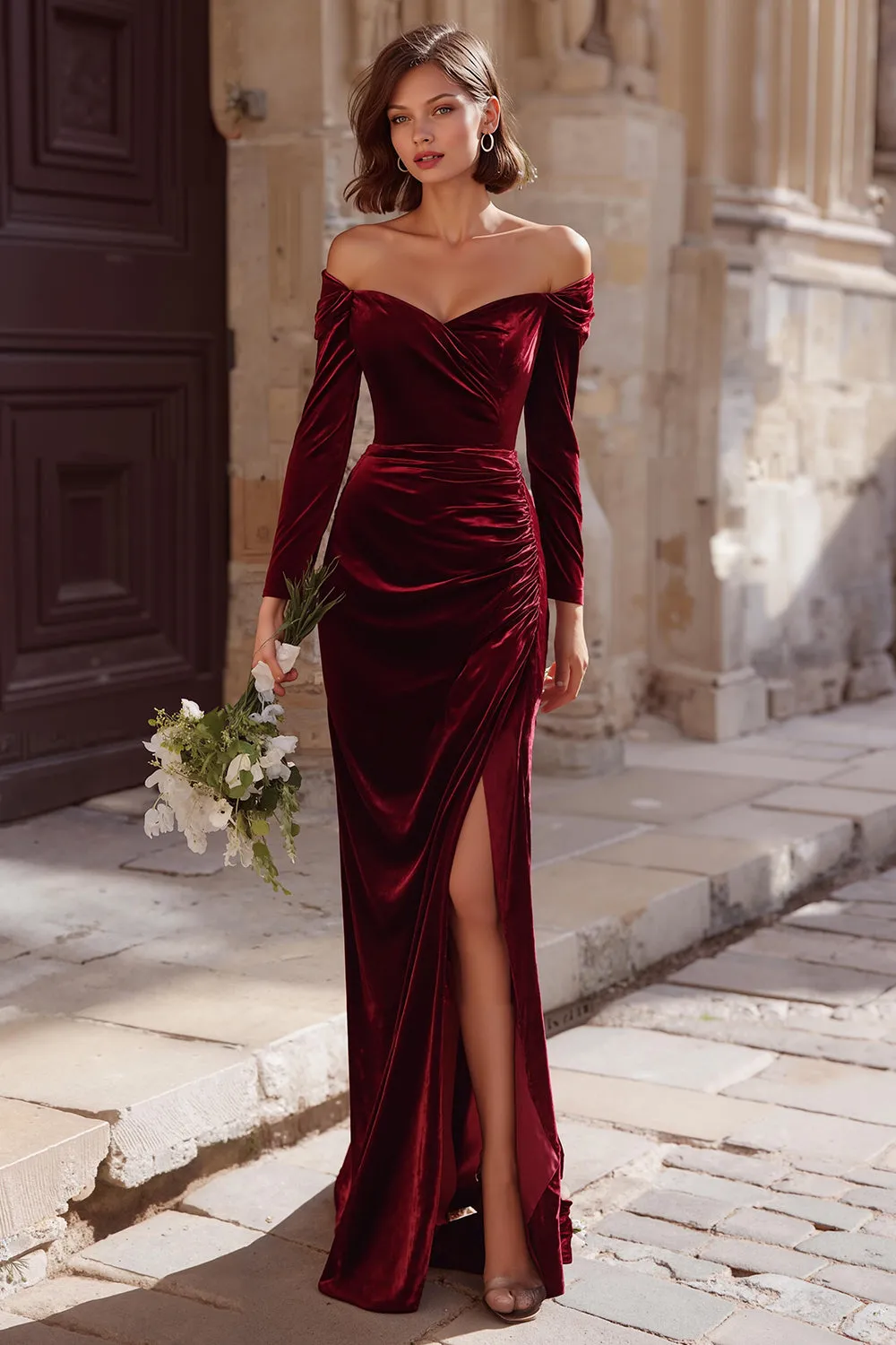 Burgundy Sheath Off the Shoulder Long Bridesmaid Dress with Slit sold by Zapaka