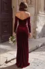 Burgundy Sheath Off the Shoulder Long Bridesmaid Dress with Slit sold by Zapaka