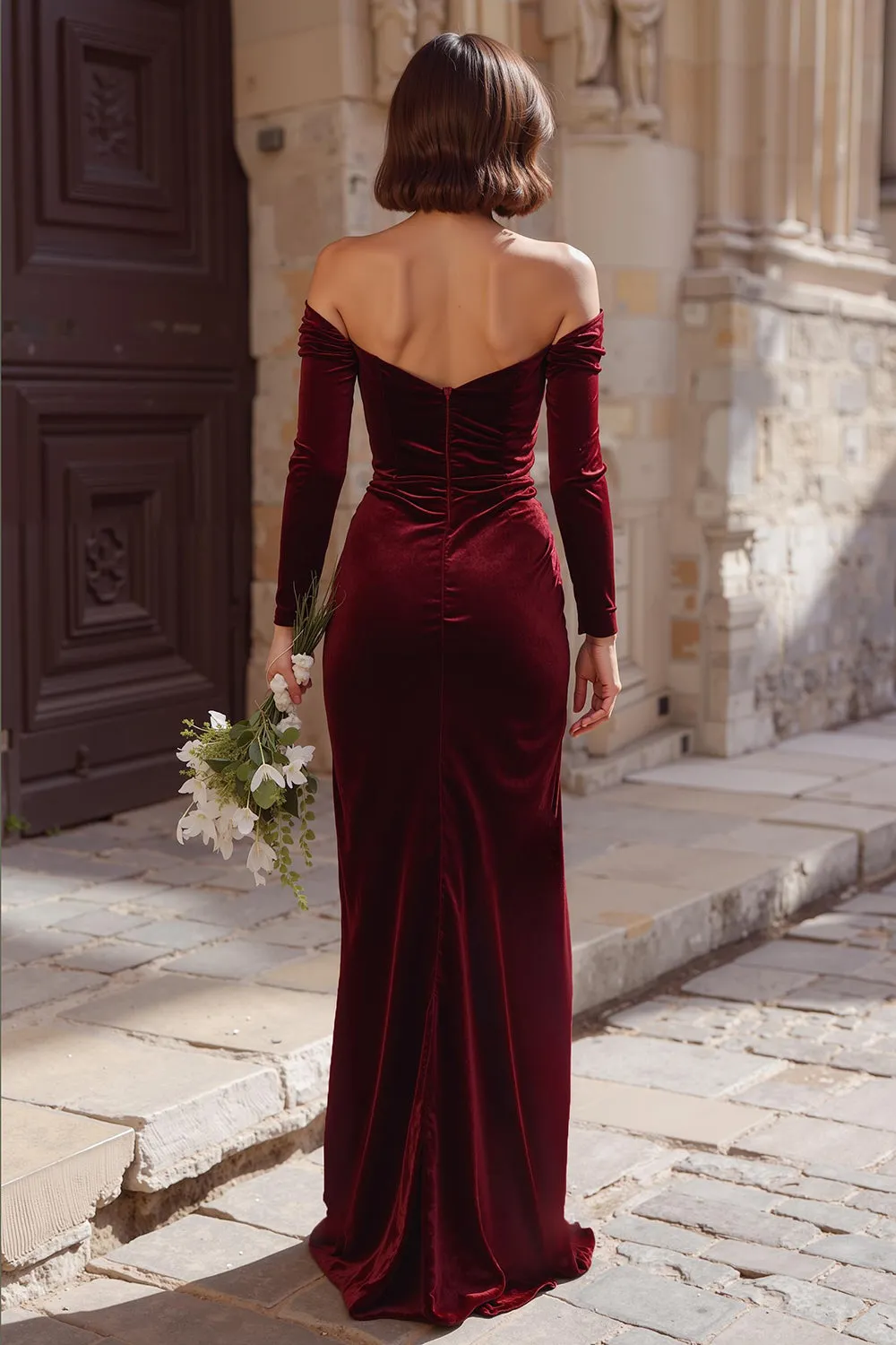 Burgundy Sheath Off the Shoulder Long Bridesmaid Dress with Slit sold by Zapaka product image thumbnail 2