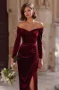 Burgundy Sheath Off the Shoulder Long Bridesmaid Dress with Slit sold by Zapaka