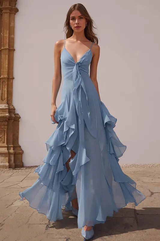 Dusty Blue A Line Ruffled Spaghetti Straps Long Bridesmaid Dress sold by Zapaka
