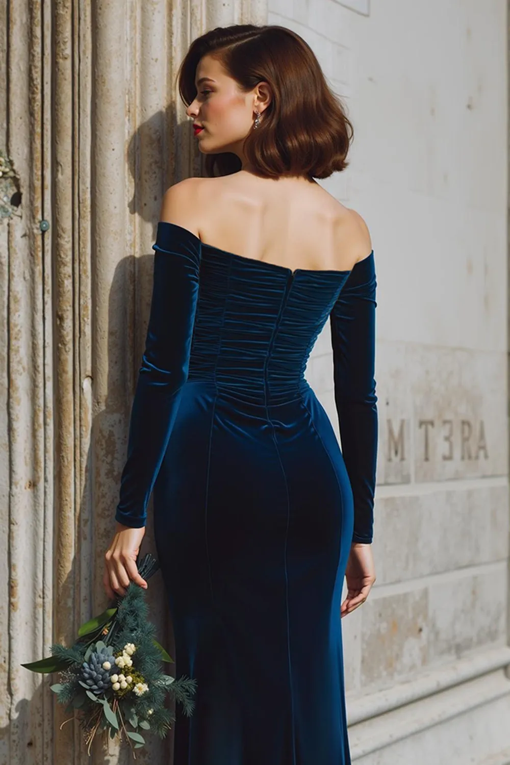 Dark Blue Ruched Mermaid Off the Shoulder Maxi Bridesmaid Dress with Slit sold by Zapaka product image thumbnail 4