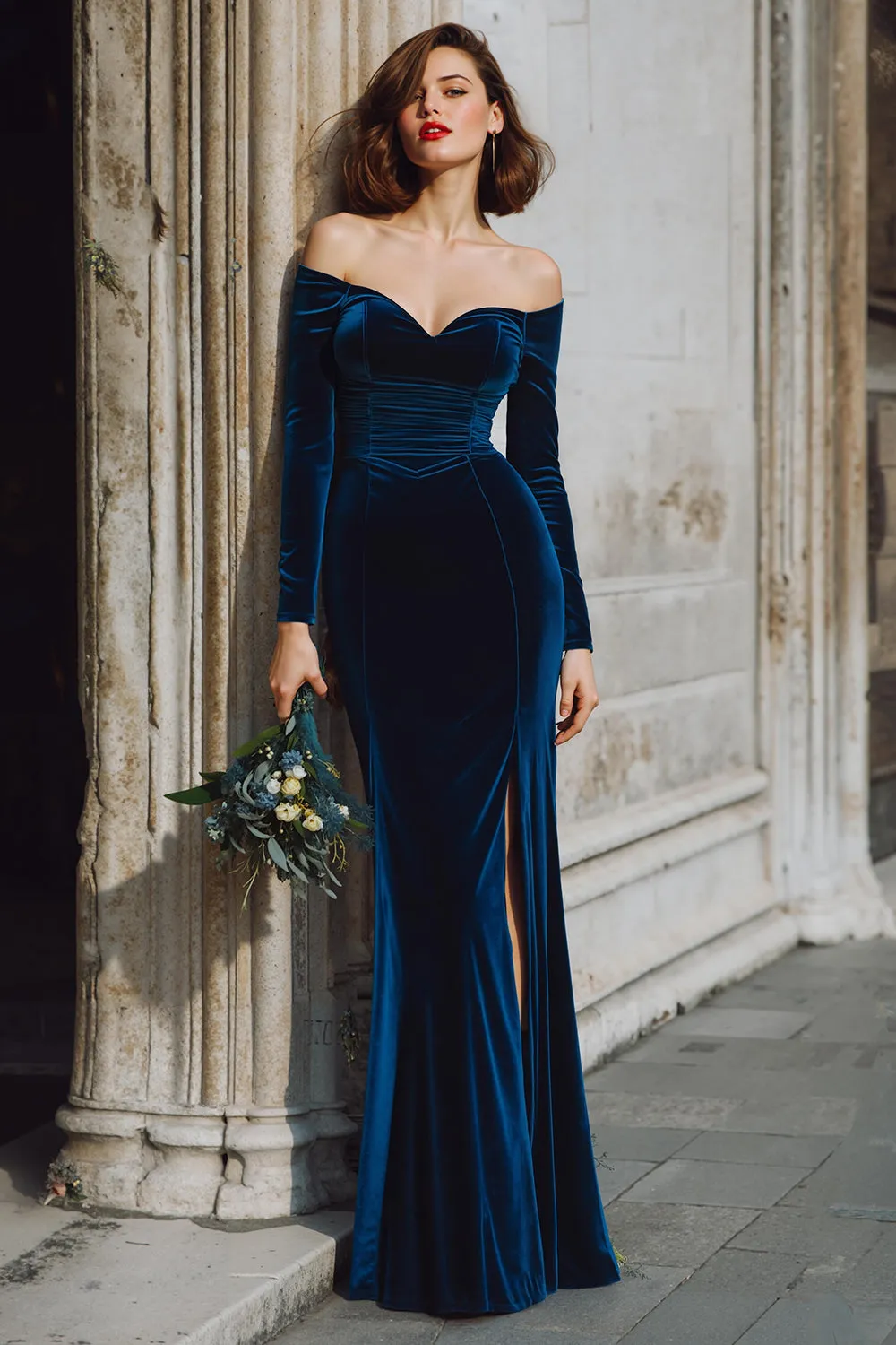 Dark Blue Ruched Mermaid Off the Shoulder Maxi Bridesmaid Dress with Slit sold by Zapaka