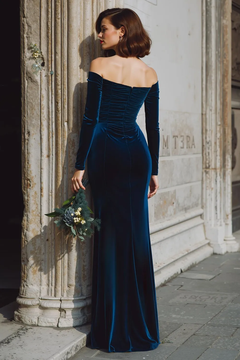 Dark Blue Ruched Mermaid Off the Shoulder Maxi Bridesmaid Dress with Slit sold by Zapaka product image thumbnail 2