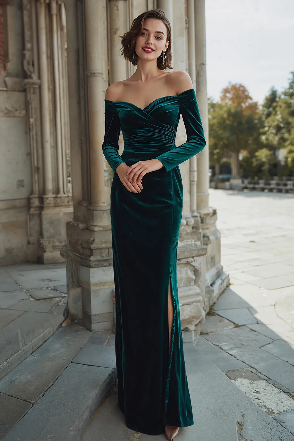 Dark Green Sheath Off the Shoulder Ruched Maxi Bridesmaid Dress with Slit sold by Zapaka