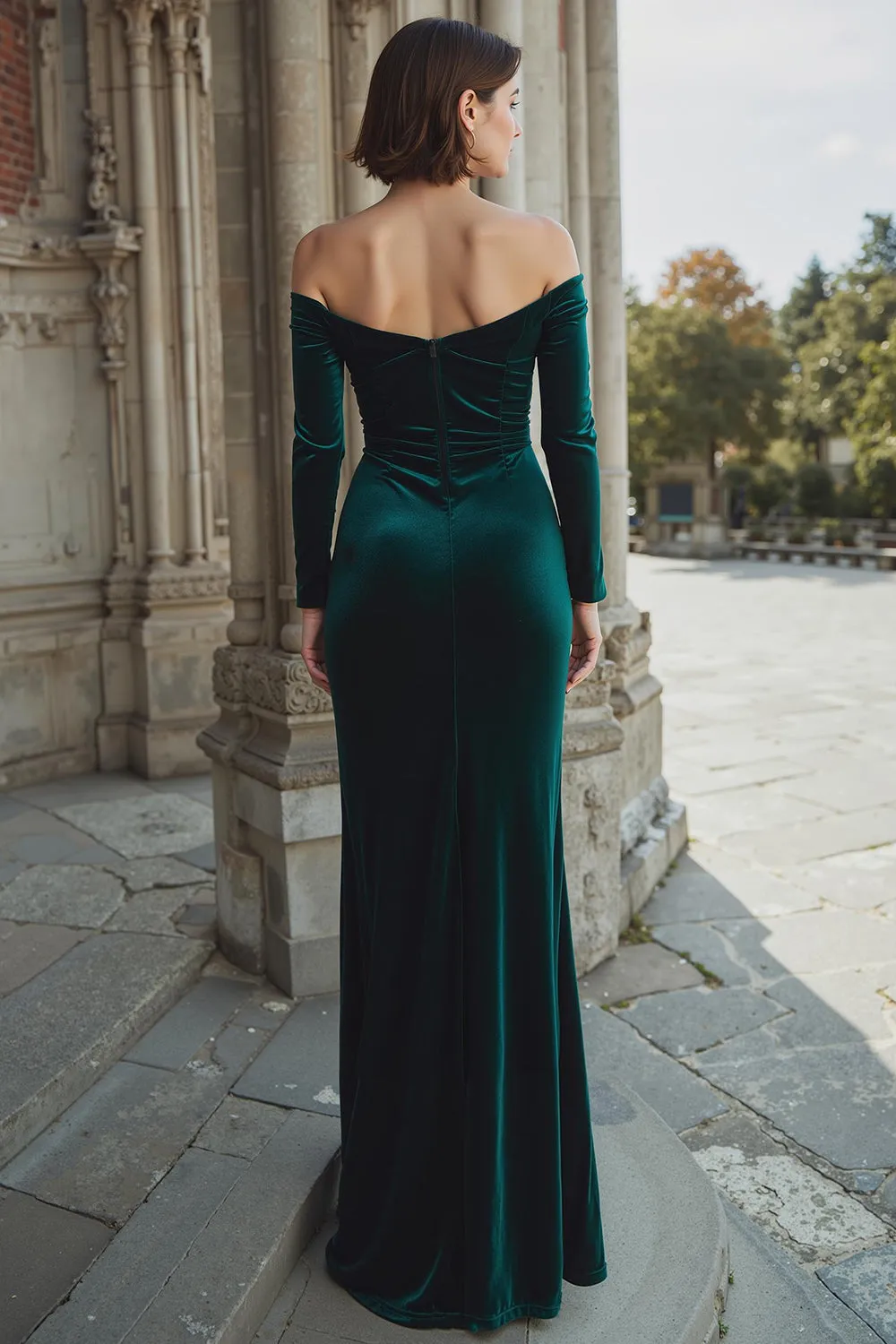 Dark Green Sheath Off the Shoulder Ruched Maxi Bridesmaid Dress with Slit sold by Zapaka product image thumbnail 2