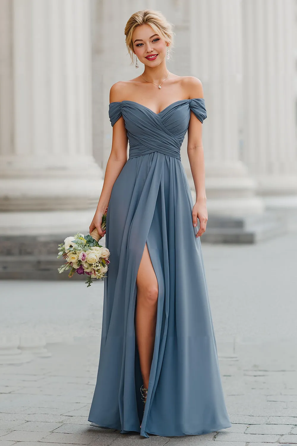 Twilight A Line Off the Shoulder Maxi Bridesmaid Dress with Slit sold by Zapaka
