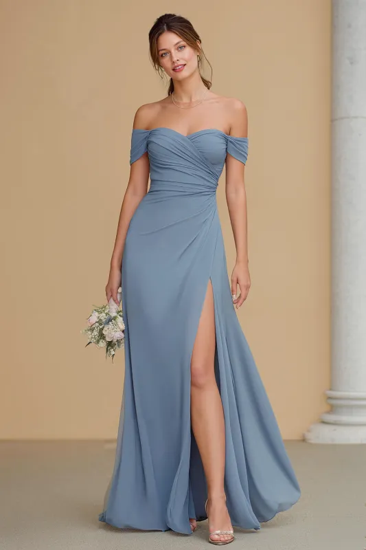 Twilight Maxi A Line Off the Shoulder Bridesmaid Dress with Slit sold by Zapaka