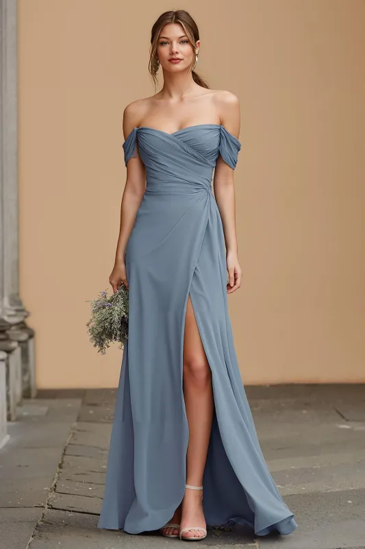 Twilight Long A Line Off the Shoulder Bridesmaid Dress with Slit sold by Zapaka