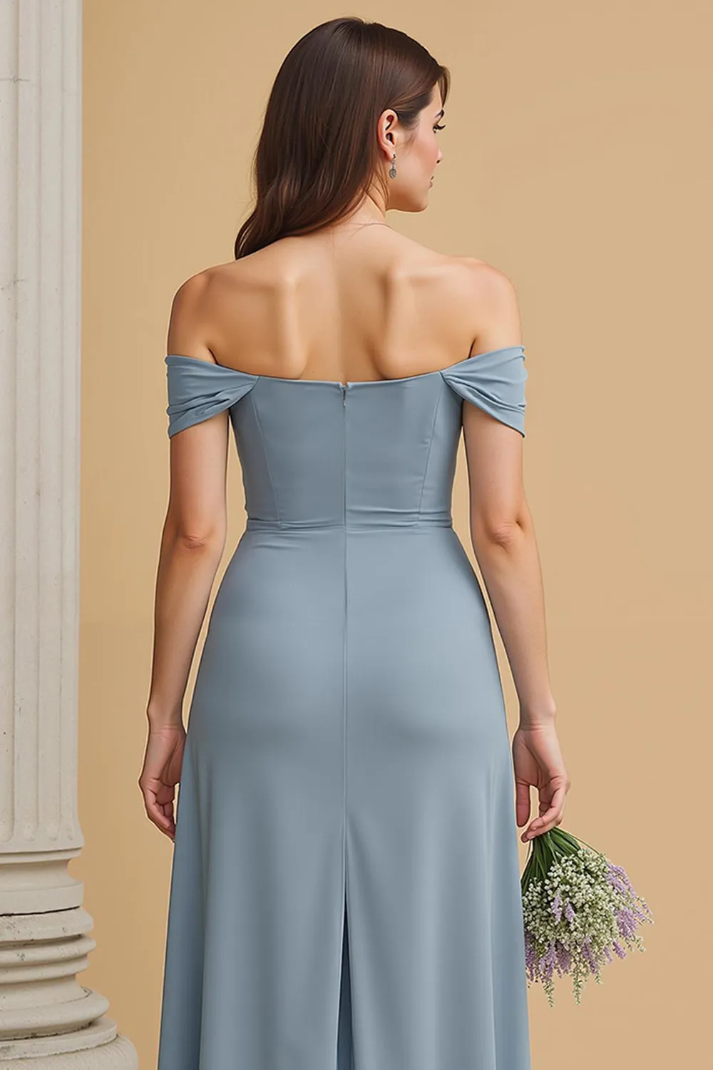 Dusty Blue Off the Shoulder Maxi A Line Bridesmaid Dress with Slit sold by Zapaka product image thumbnail 4
