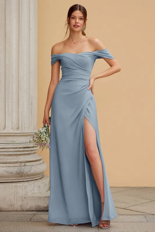 Dusty Blue Off the Shoulder Maxi A Line Bridesmaid Dress with Slit sold by Zapaka