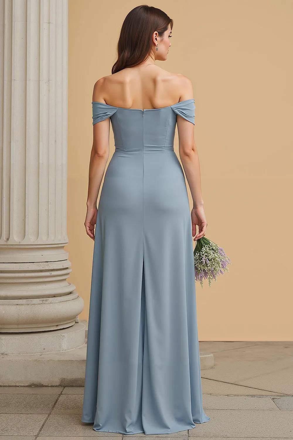 Dusty Blue Off the Shoulder Maxi A Line Bridesmaid Dress with Slit sold by Zapaka product image thumbnail 2