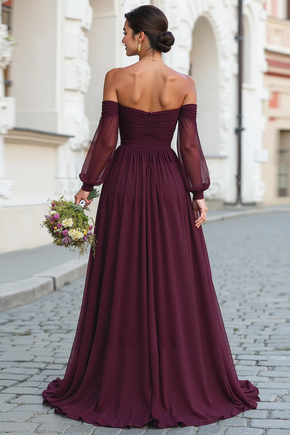 Cabernet A Line Long Off the Shoulder Bridesmaid Dress with Sleeves sold by Zapaka product image thumbnail 2