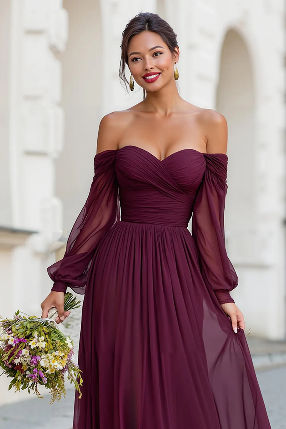 Cabernet A Line Long Off the Shoulder Bridesmaid Dress with Sleeves sold by Zapaka product image thumbnail 3