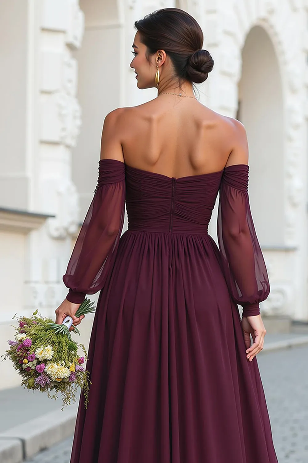 Cabernet A Line Long Off the Shoulder Bridesmaid Dress with Sleeves sold by Zapaka product image thumbnail 4
