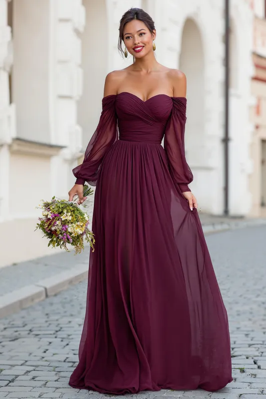 Cabernet A Line Long Off the Shoulder Bridesmaid Dress with Sleeves sold by Zapaka