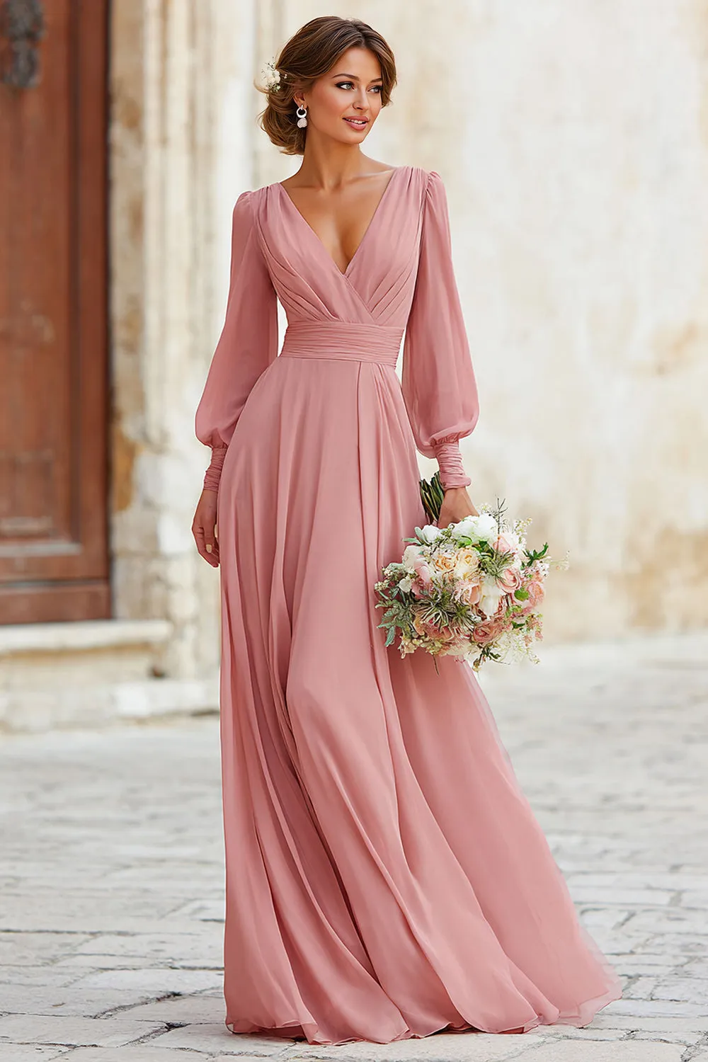 Dusty Rose V-Neck Maxi A Line Bridesmaid Dress with Sleeves sold by Zapaka