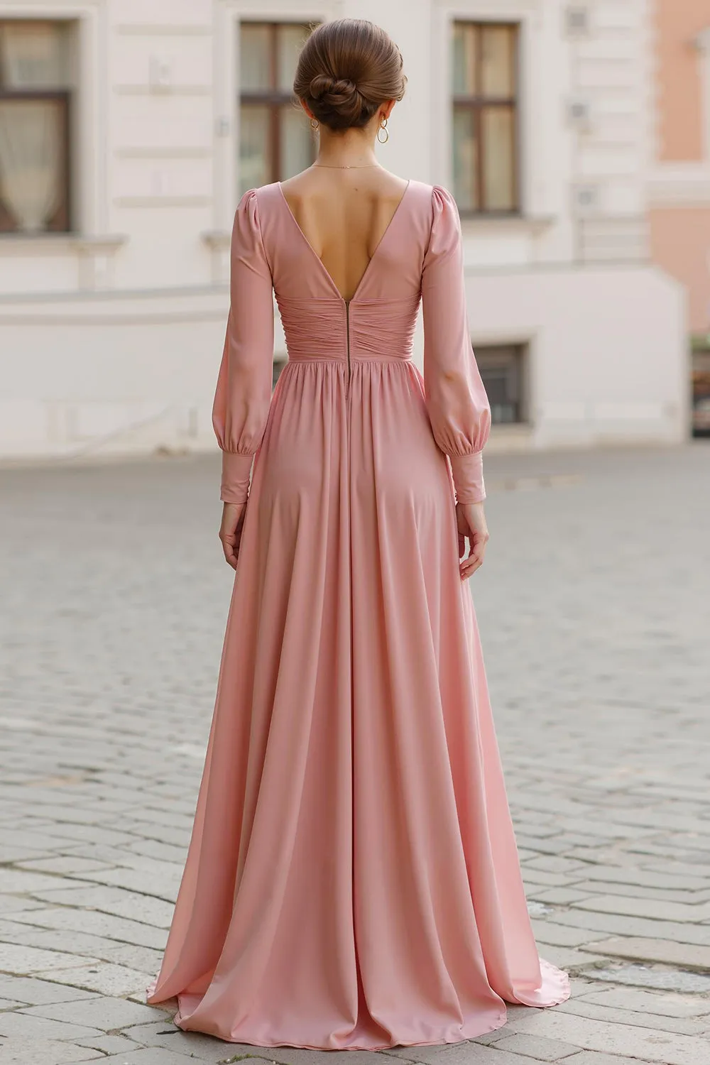 Dusty Rose V-Neck A Line Maxi Bridesmaid Dress with Sleeves sold by Zapaka product image thumbnail 2