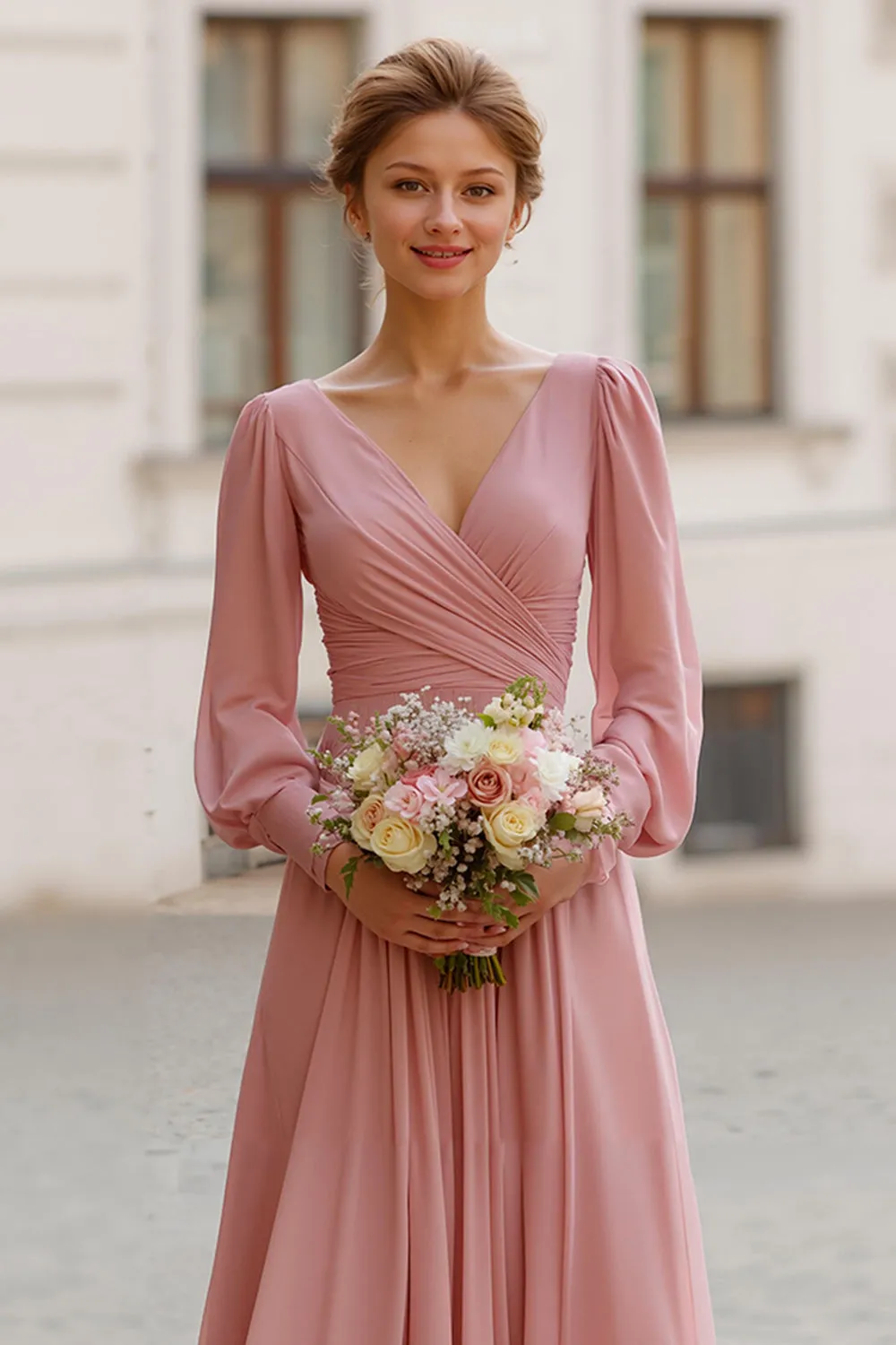 Dusty Rose V-Neck A Line Maxi Bridesmaid Dress with Sleeves sold by Zapaka product image thumbnail 3