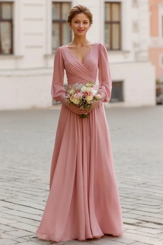 Dusty Rose V-Neck A Line Maxi Bridesmaid Dress with Sleeves sold by Zapaka