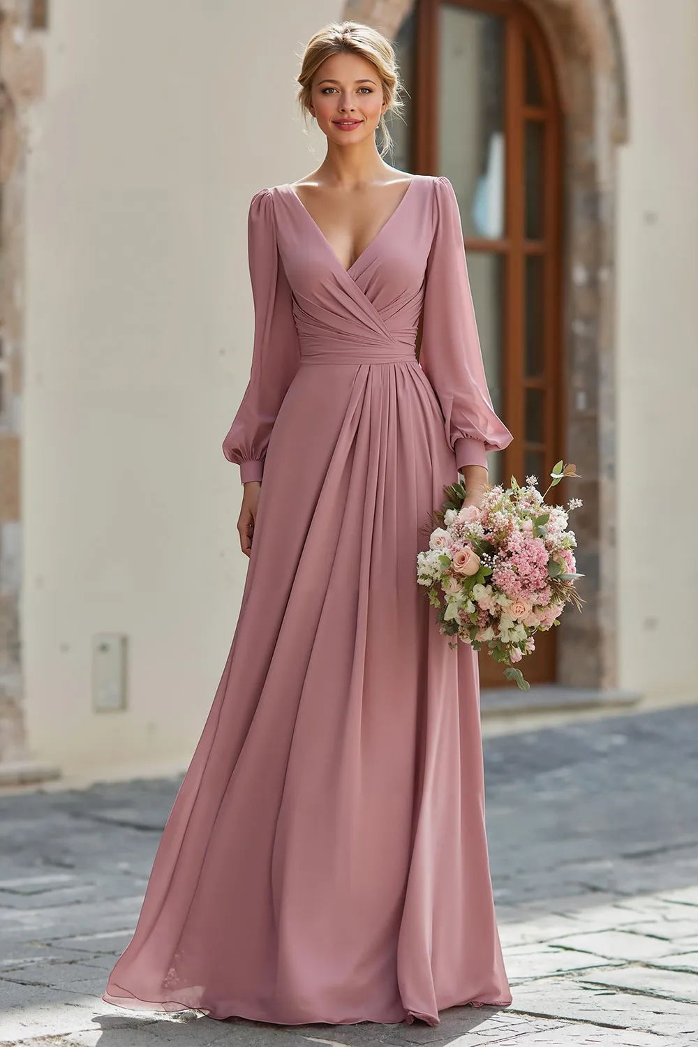 Dusty Rose V-Neck A Line Maxi Bridesmaid Dress with Sleeves sold by Zapaka product image thumbnail 5