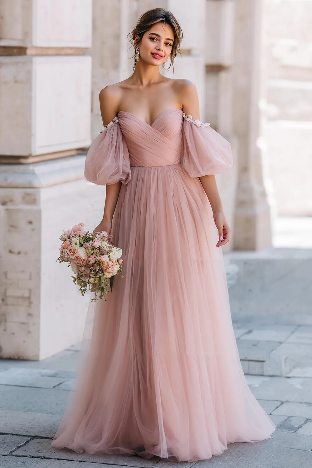 Dusty Rose Long A Line Off the Shoulder Bridesmaid Dress with Sleeves sold by Zapaka