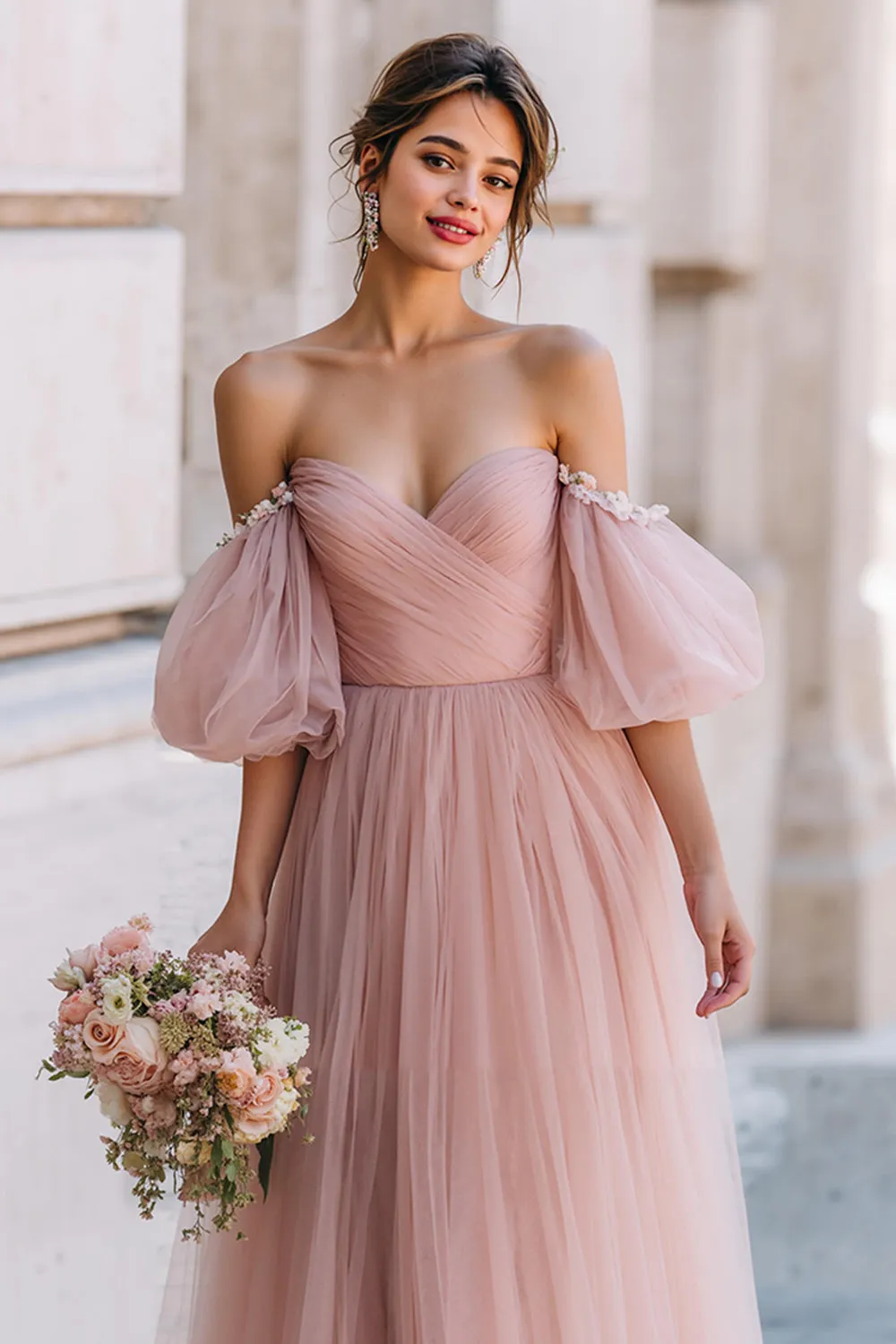 Dusty Rose Long A Line Off the Shoulder Bridesmaid Dress with Sleeves sold by Zapaka product image thumbnail 3