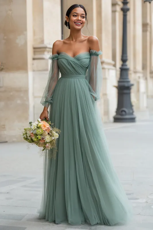 Eucalyptus Off the Shoulder Long A Line Bridesmaid Dress with Sleeves sold by Zapaka