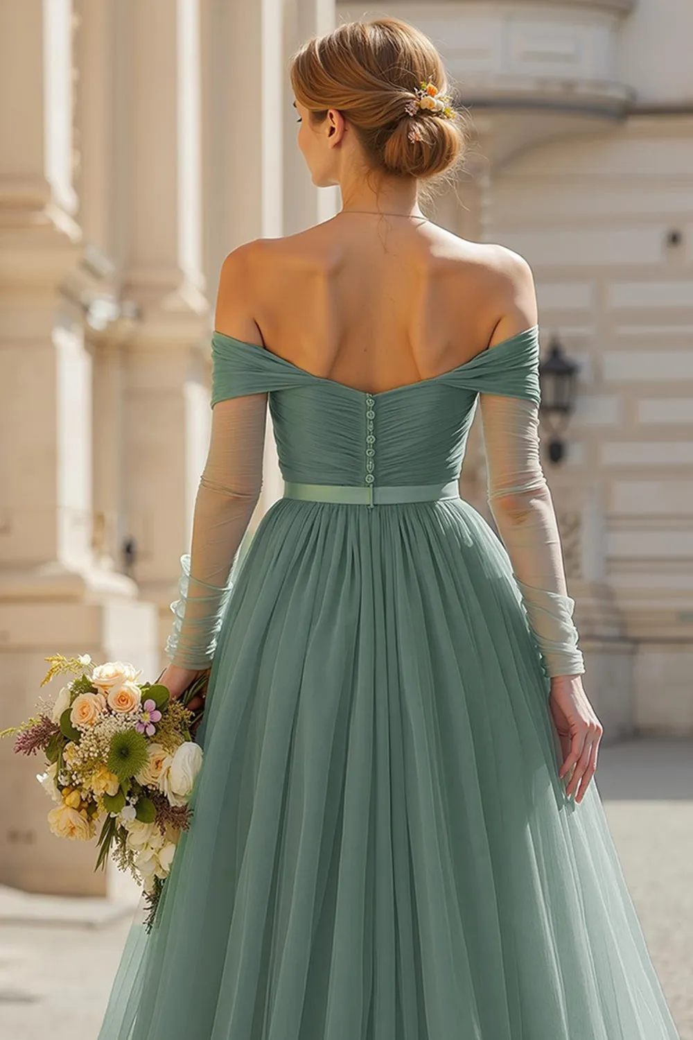 Eucalyptus A Line Long Off the Shoulder Bridesmaid Dress with Sleeves sold by Zapaka product image thumbnail 4