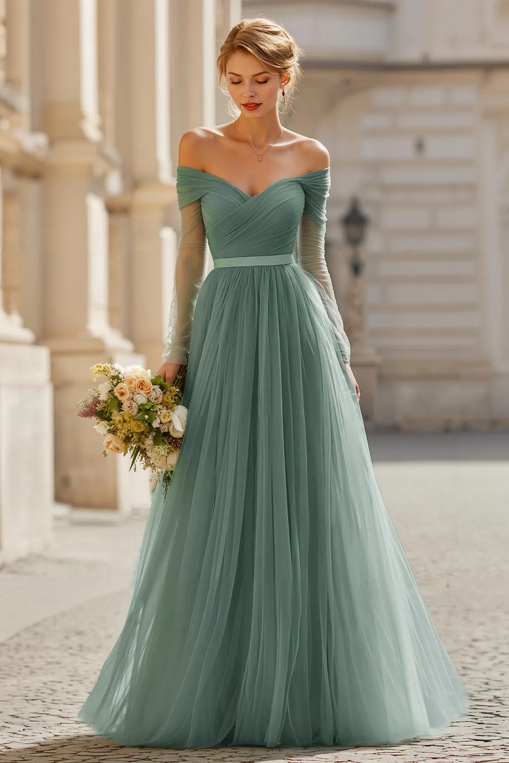 Eucalyptus A Line Long Off the Shoulder Bridesmaid Dress with Sleeves sold by Zapaka