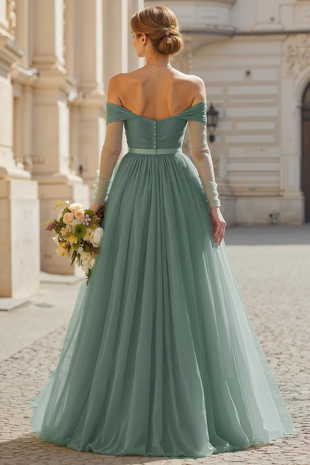 Eucalyptus A Line Long Off the Shoulder Bridesmaid Dress with Sleeves sold by Zapaka product image thumbnail 2
