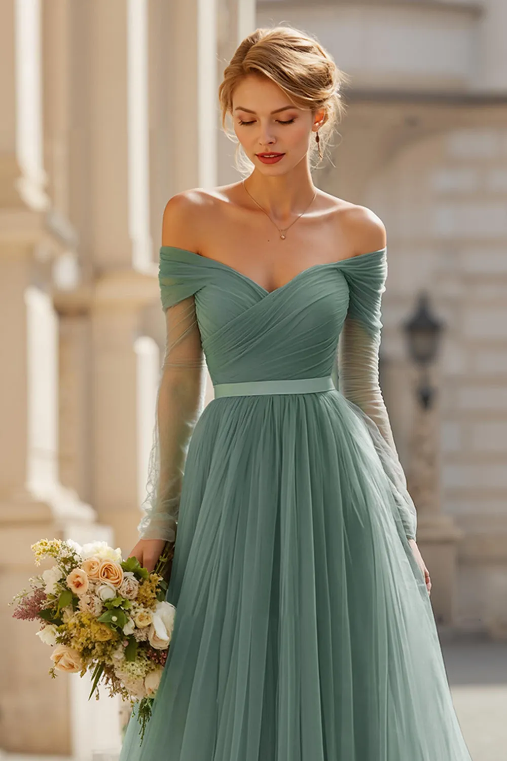 Eucalyptus A Line Long Off the Shoulder Bridesmaid Dress with Sleeves sold by Zapaka product image thumbnail 3