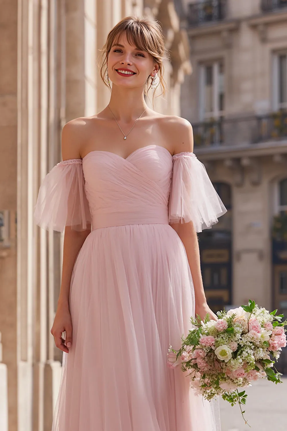 Blush Pink Long Off the Shoulder A Line Bridesmaid Dress sold by Zapaka product image thumbnail 3